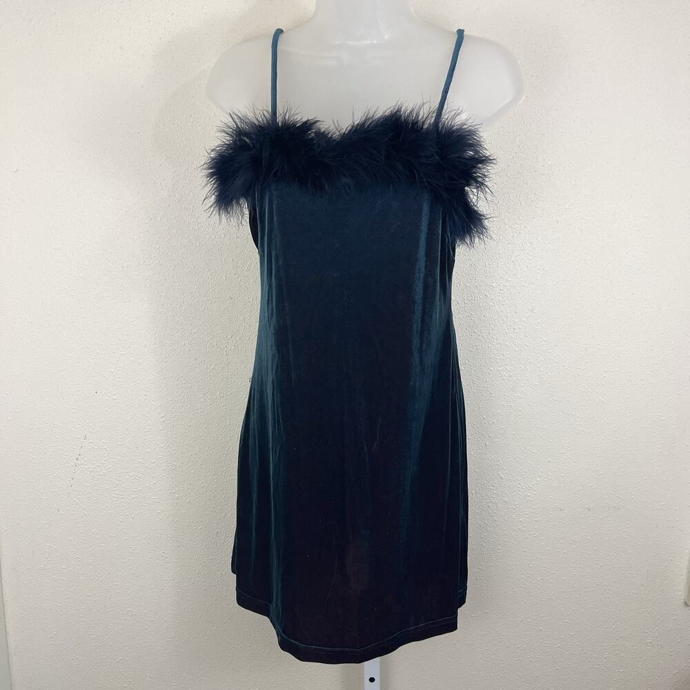 Alias Vintage 90s Feather Trim Iridescent Velvet Mini Dress Womens M Medium